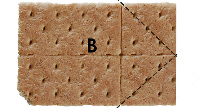 graham cracker with two diagonal dotted lines showing cuts for A pieces